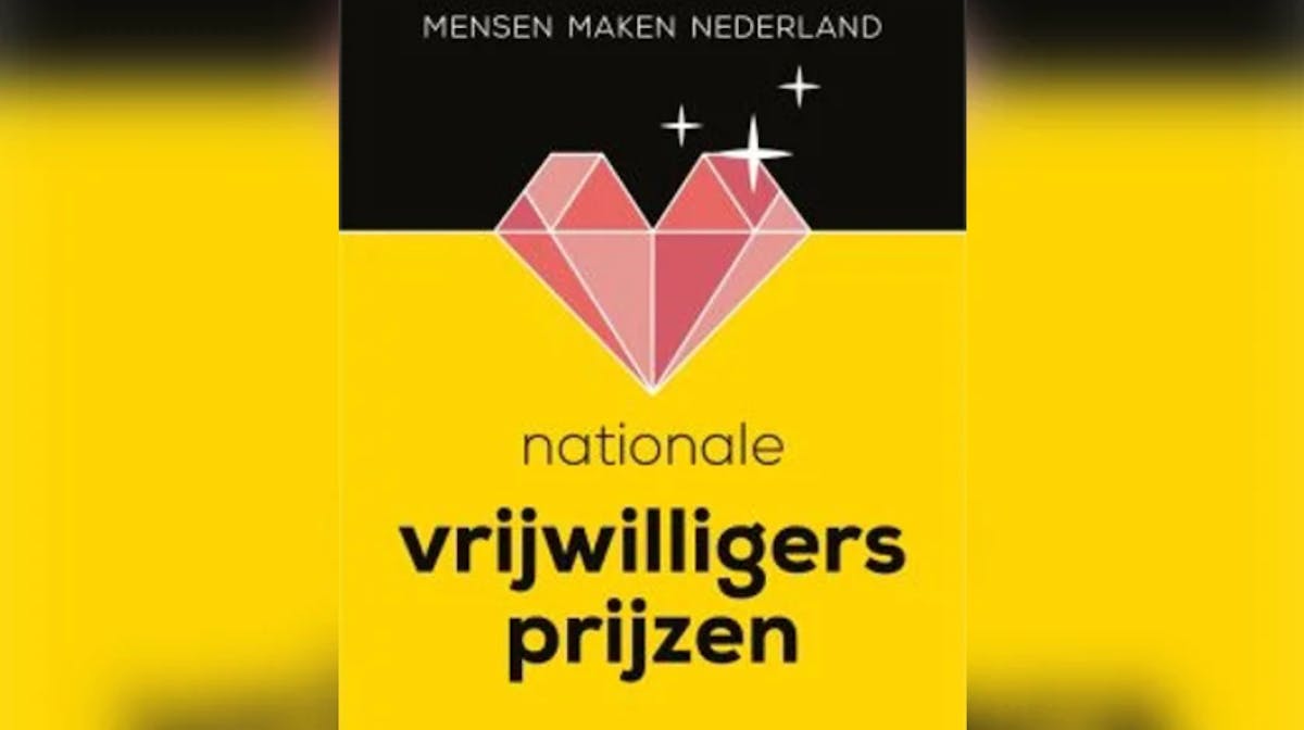 Geometrisch hart boven tekst: "nationale vrijwilligers prijzen" op een gele achtergrond.