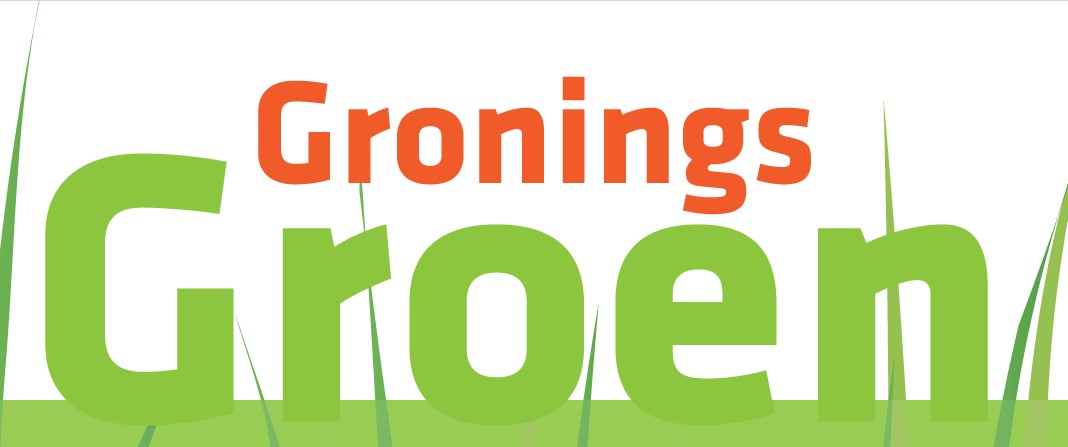 Tekst "Gronings Groen" in oranje en groen met grasstengels op de achtergrond.