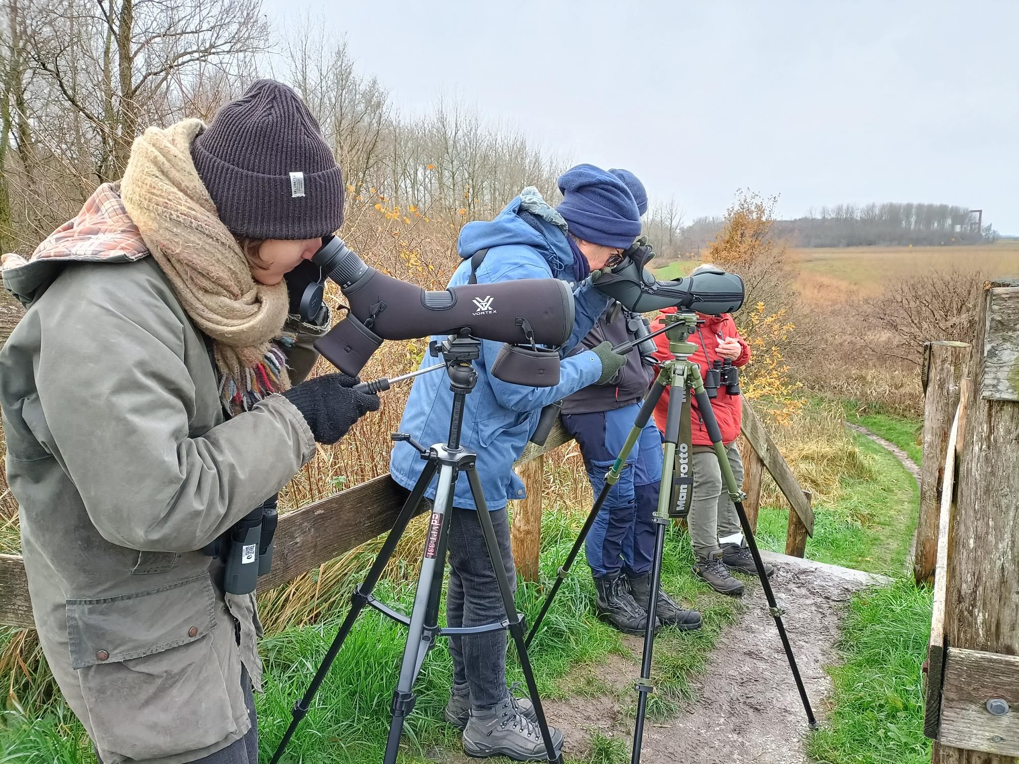 Drie mensen kijken door telescopen in een herfstig natuurgebied.