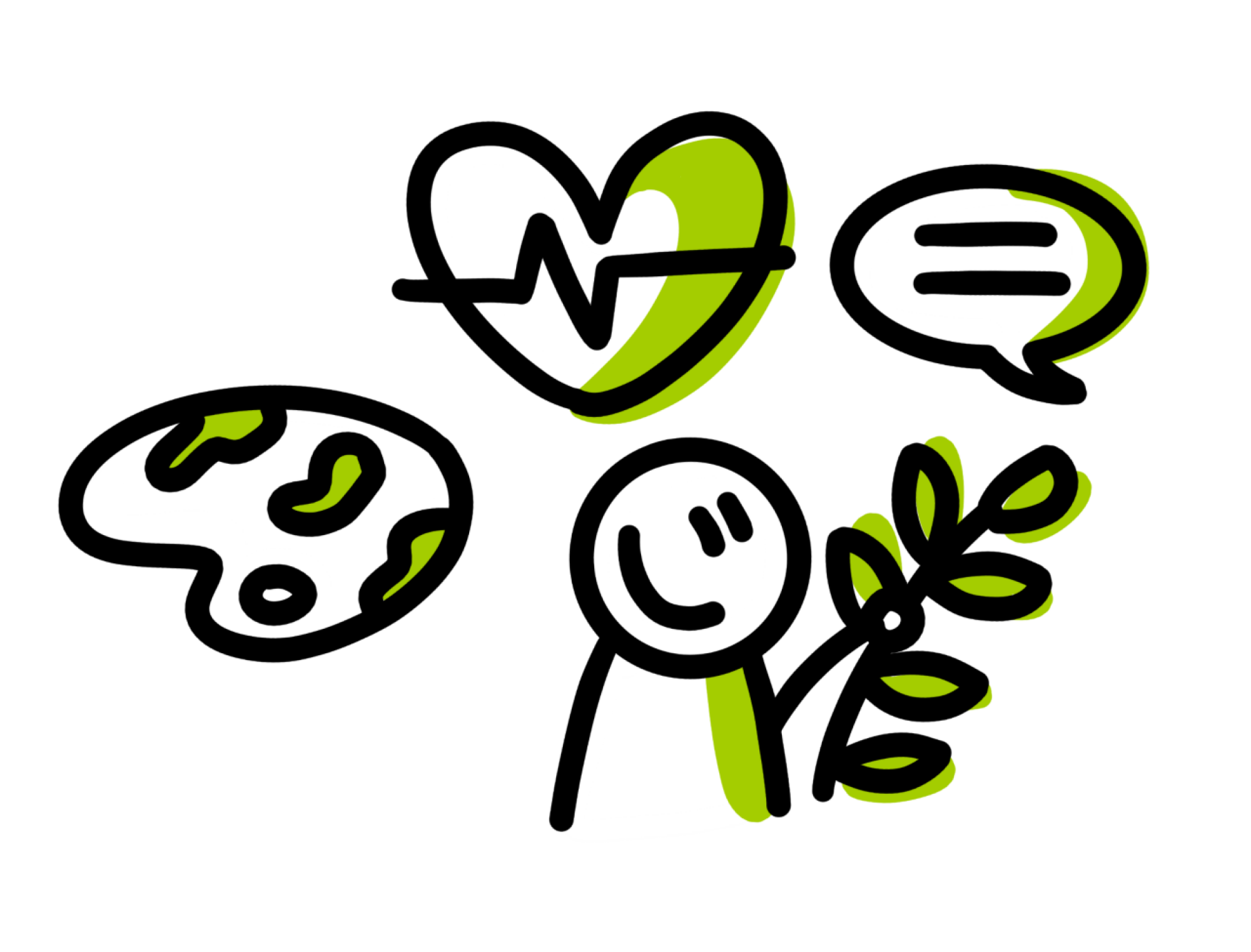 Stijlvolle illustratie van een wereldbol, hart, persoon en blaadjes met groen en zwart accent.