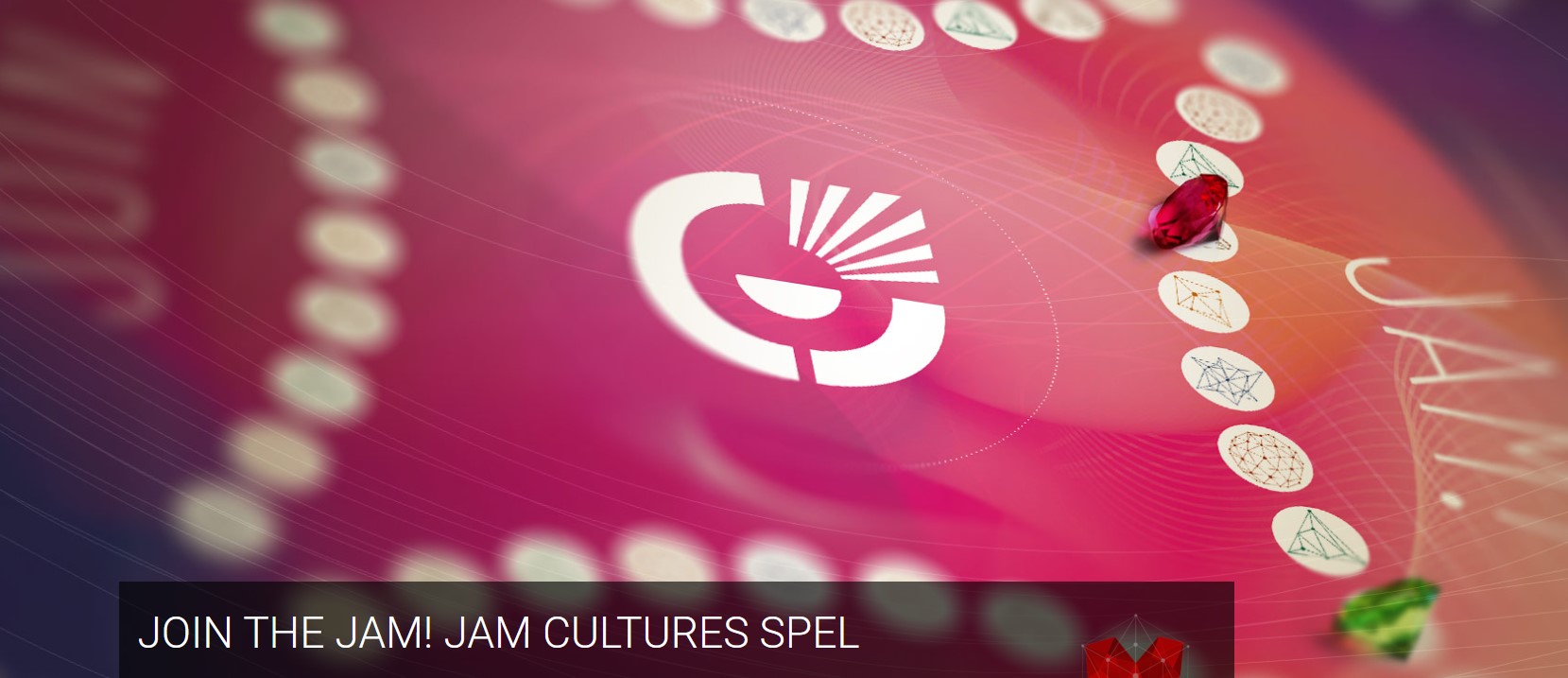 Roze speelbord met symbool, randen met patronen en een rode edelsteen, tekst: "JOIN THE JAM!".