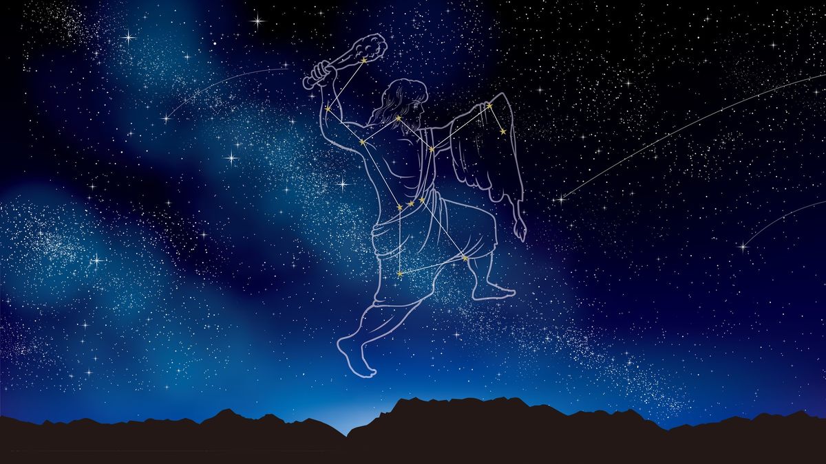 Sterrenhemel met Orion-constellatie, lijnen vormen krijgerfiguur boven bergsilhouet.
