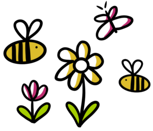 Twee bijen, een vlinder en bloemen in een eenvoudige, kleurrijke tekening.