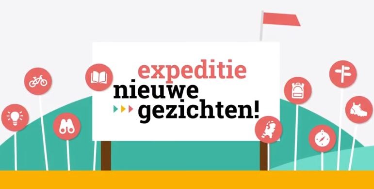 Banner met tekst "expeditie nieuwe gezichten!" en pictogrammen zoals een fiets en rugzak.