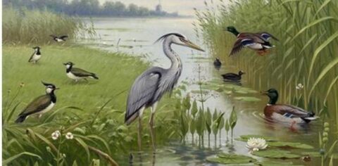 Reiger en eenden in een rustieke vijver, omringd door riet en bloemen.