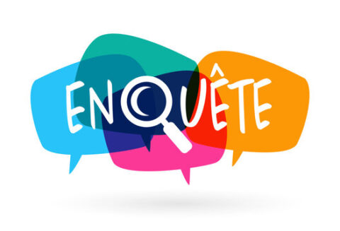 Gekleurde tekstballonnen met "ENQUÊTE" en een vergrootglas in de "Q".