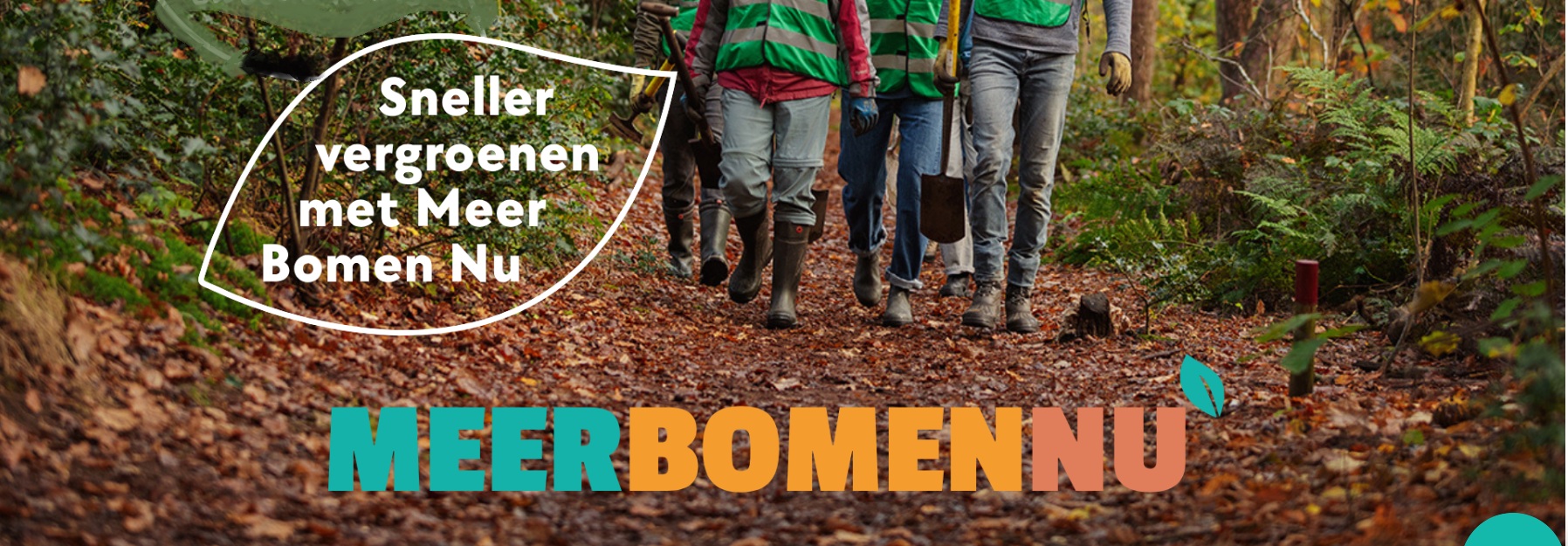 Groep mensen in het bos met schoppen, tekst "Sneller vergroenen met Meer Bomen Nu".