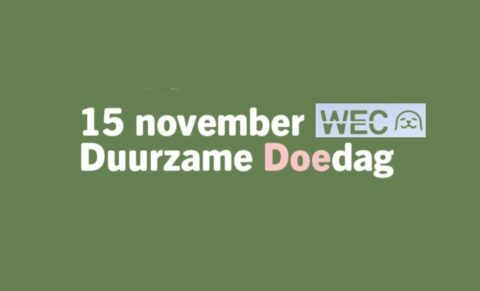 Groene achtergrond met tekst: "15 november Duurzame Doedag, WEC" en een zeehond-symbool.