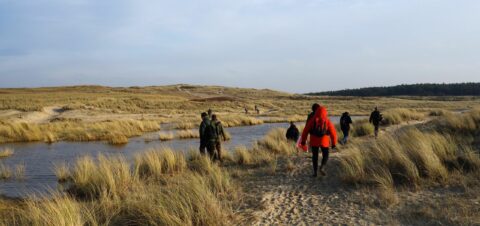 Groepje mensen die door waterrijke duinen lopen