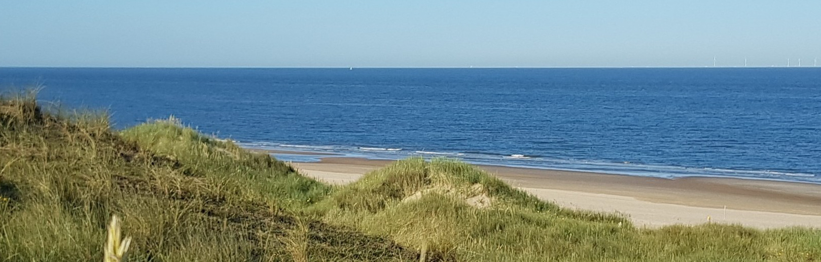 Weids uitzicht op een zonnige strandduin, zee en blauwe lucht.