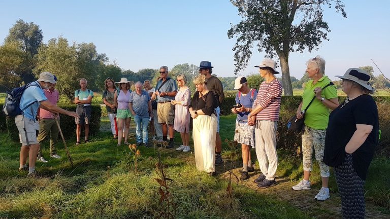 Groep mensen kijkt naar een gids die iets in een grasveld aanwijst, omgeven door bomen.