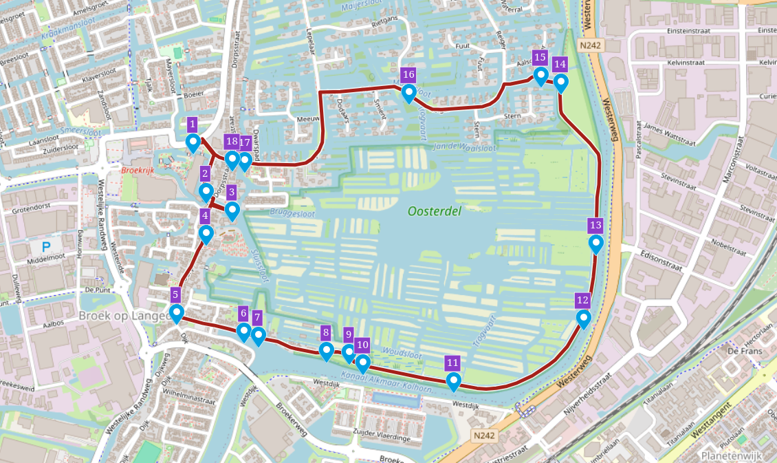 Kaart van Oosterdel met genummerde routepunten langs waterwegen, beginnend bij Broek op Langedijk.