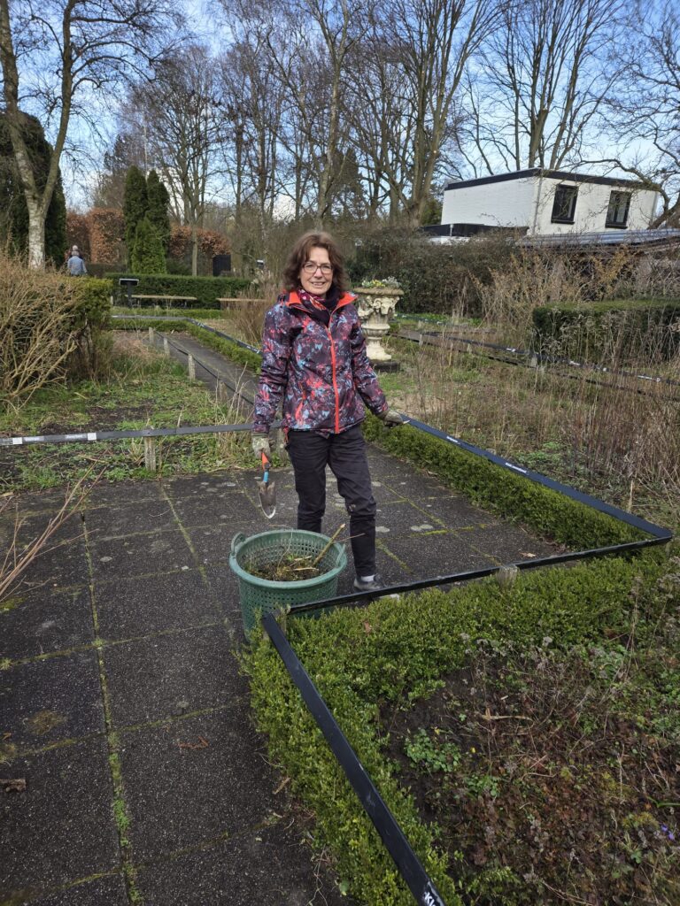 Vrouw werkt in tuin, omringd door heggen en bomen, met een mand en schop op zonnige dag.