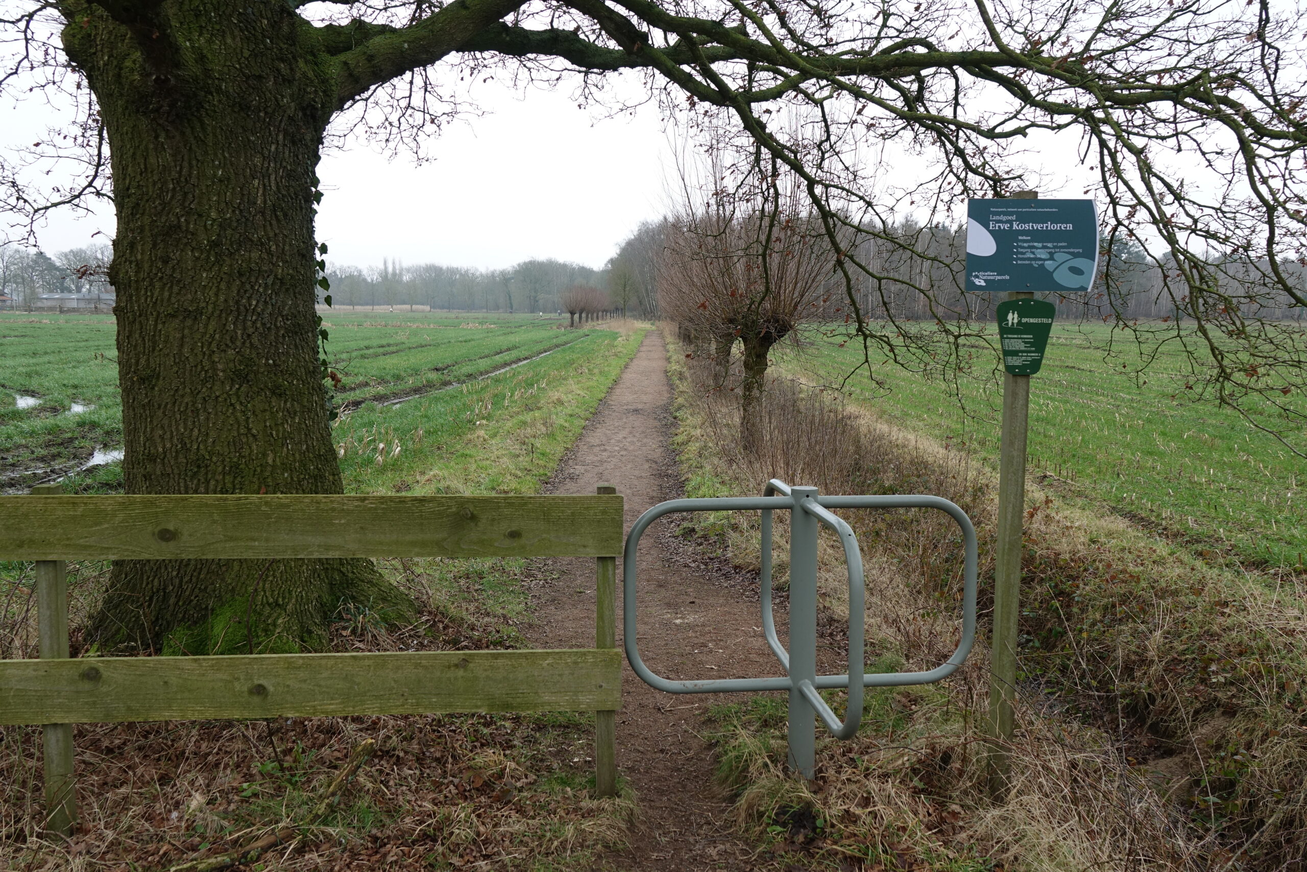 Pad door groen landschap met draaihek en bord "Erve Kotsverloren"; boom links.