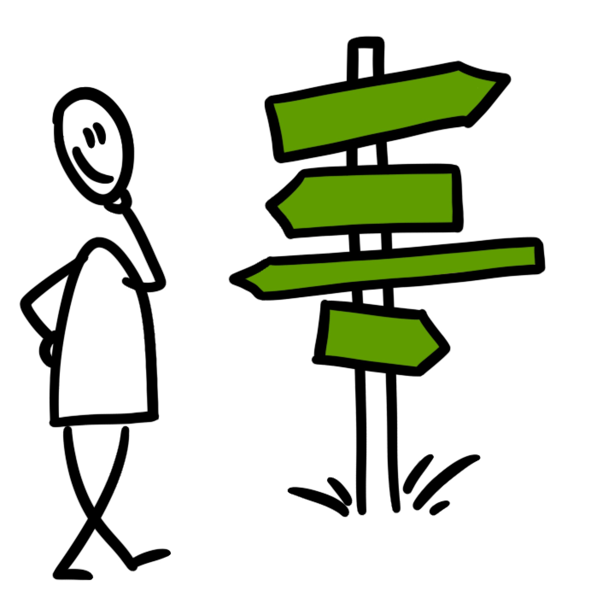 Poppetje kijkt bedachtzaam naar een richtingaanwijzer met vier groene pijlen.