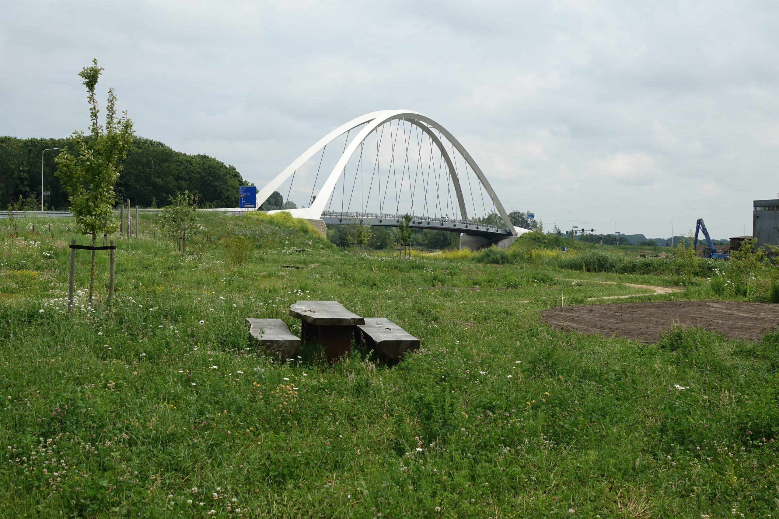 Groen park met picknicktafel, moderne boogbrug op achtergrond, lichte wolkenlucht.