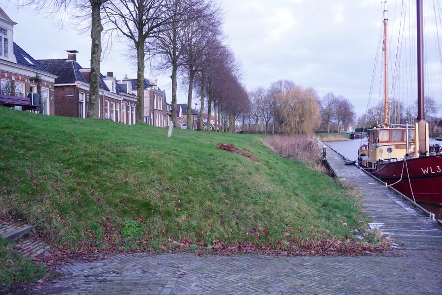 Kanaal met aangemeerde boot, groene oever, huizen en bomenrij op achtergrond.
