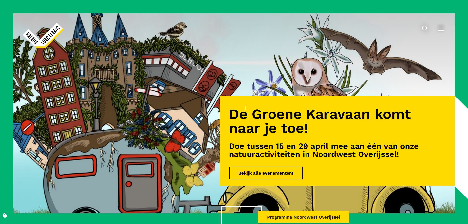 Illustratie van gebouwen, dieren en planten met tekst: "De Groene Karavaan komt naar je toe!"