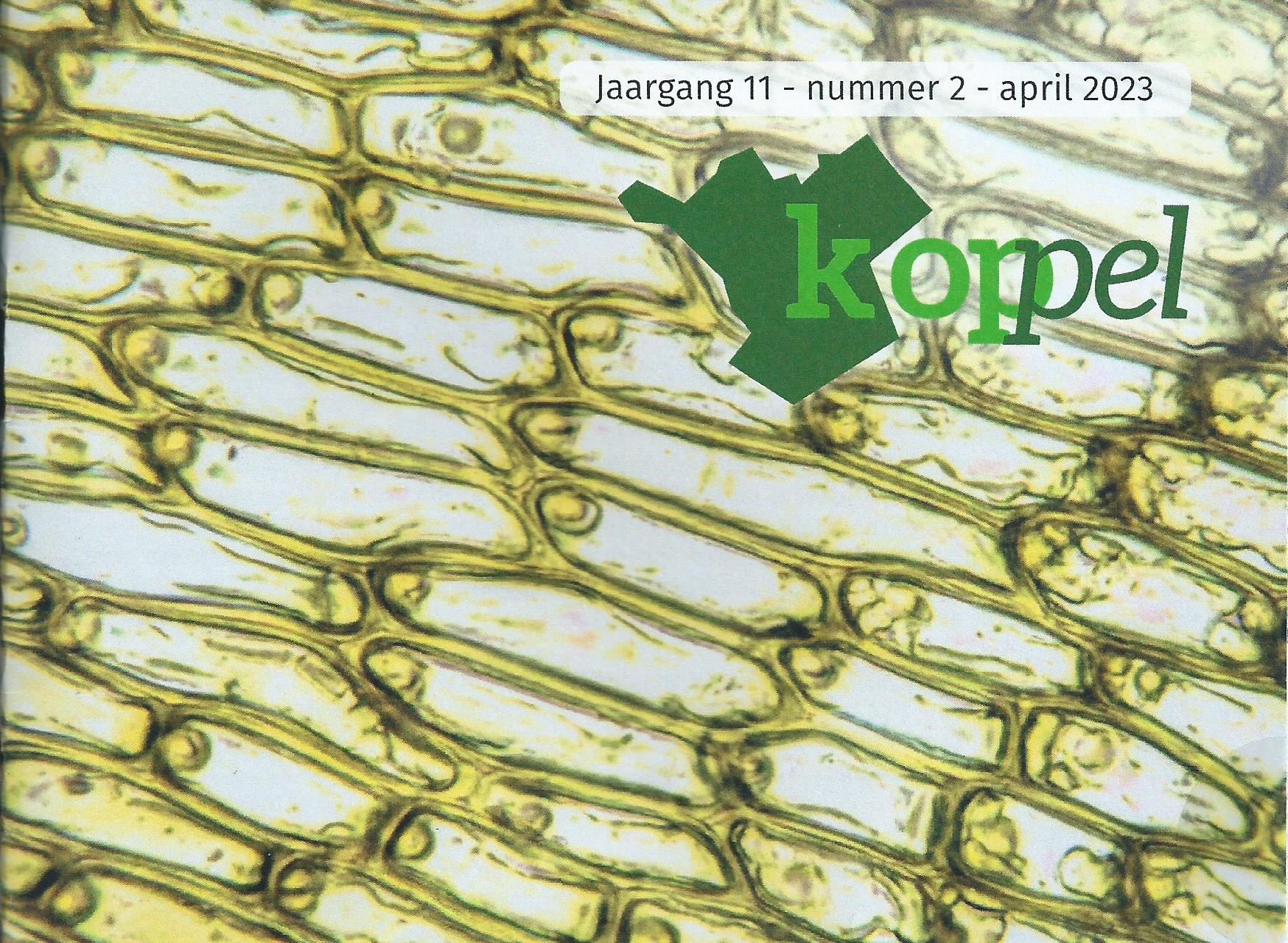 Microscopische weergave van plantencellen met de tekst "koppel", april 2023, jaargang 11, nummer 2.