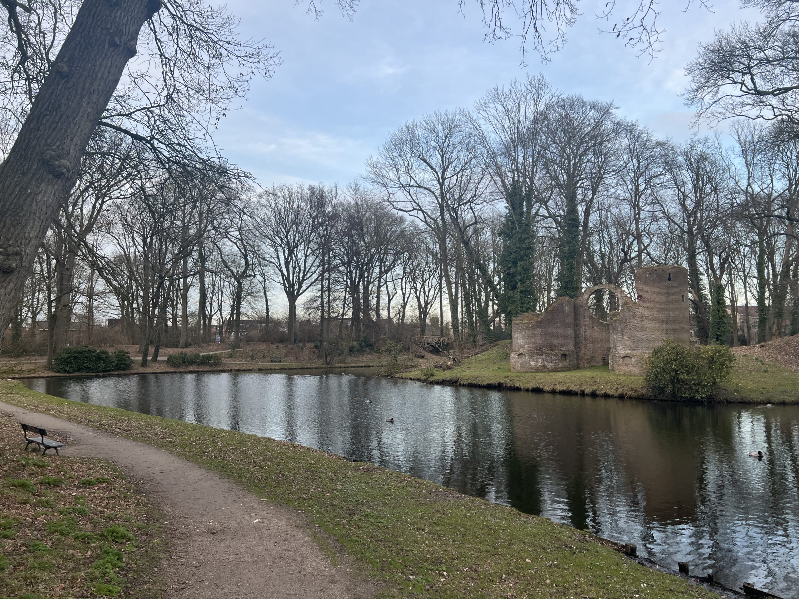 Verlaten kasteelruïne naast vijver omringd door kale bomen in een parklandschap.