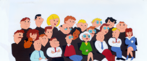 Een groep cartoonfiguren zit op een tribune, gevarieerd in uiterlijk en kleding.