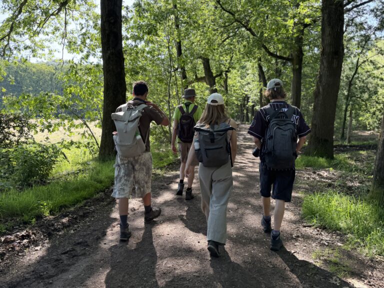 Vier mensen wandelen op een bospad, omringd door groene bomen.