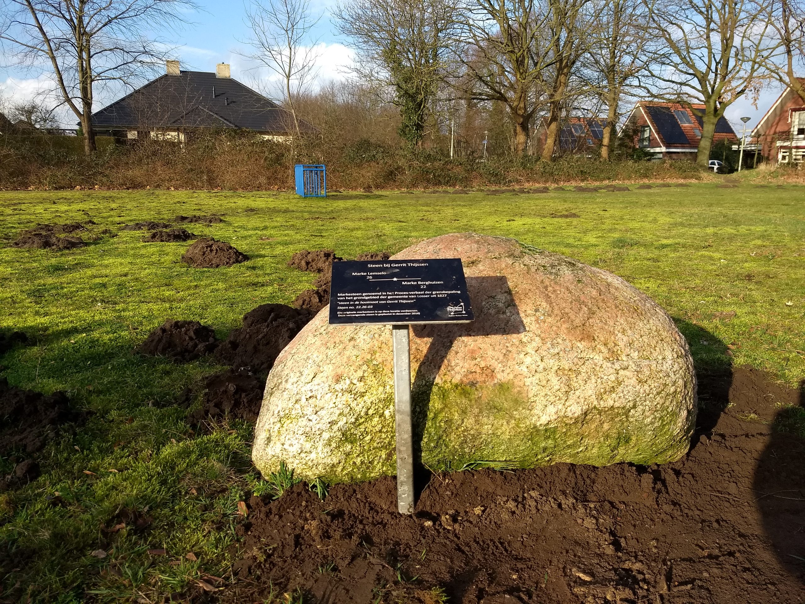Grote zwerfsteen met informatiebord op grasveld, omringd door huizen en bomen.