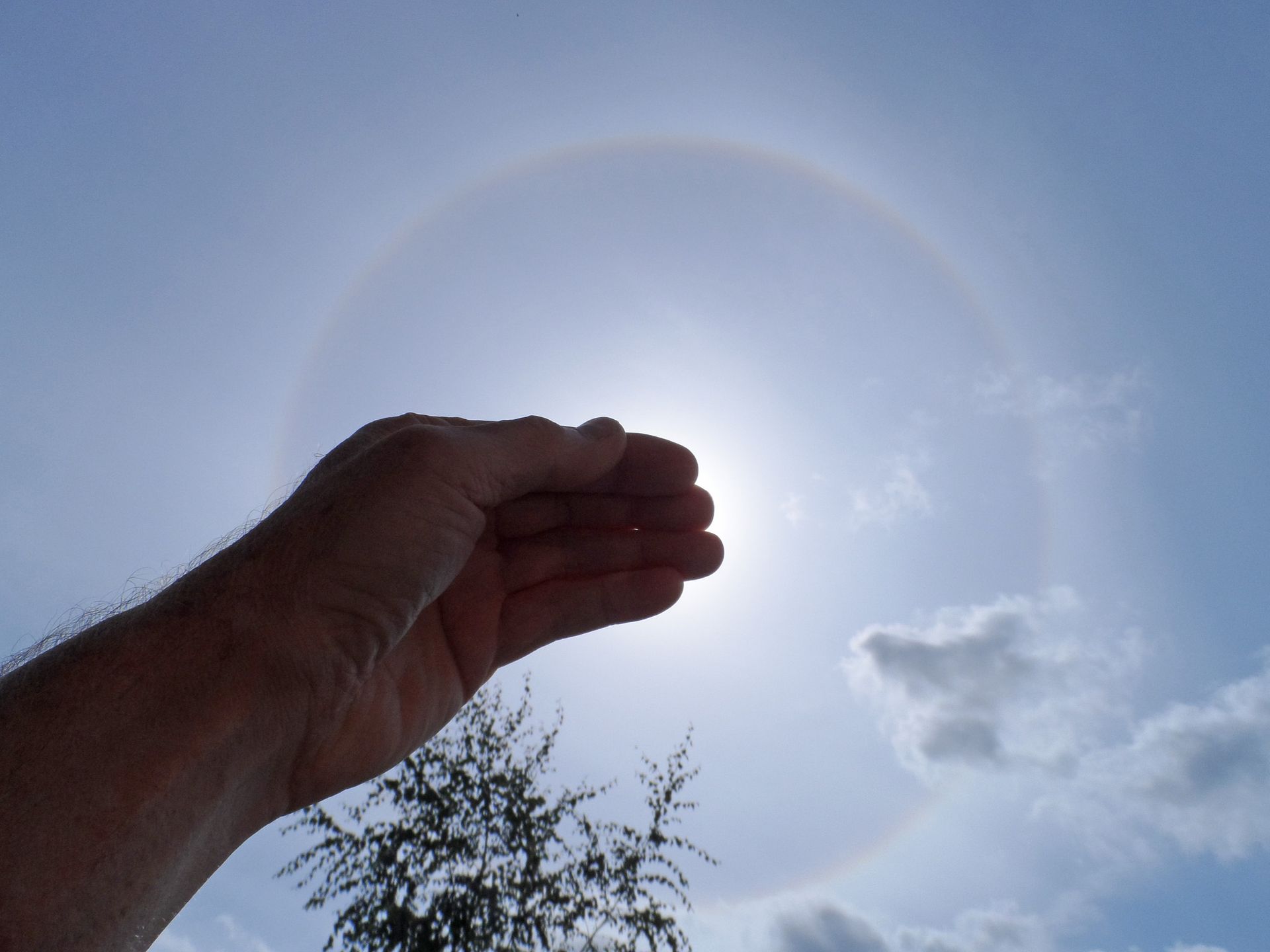 Hand bedekt zon, toont halo in heldere lucht met lichte wolken en boom in de verte.