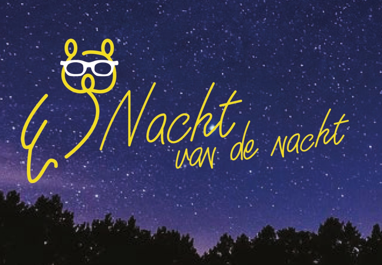Illustratie van een uil met tekst "Nacht van de Nacht" voor een sterrenhemel.