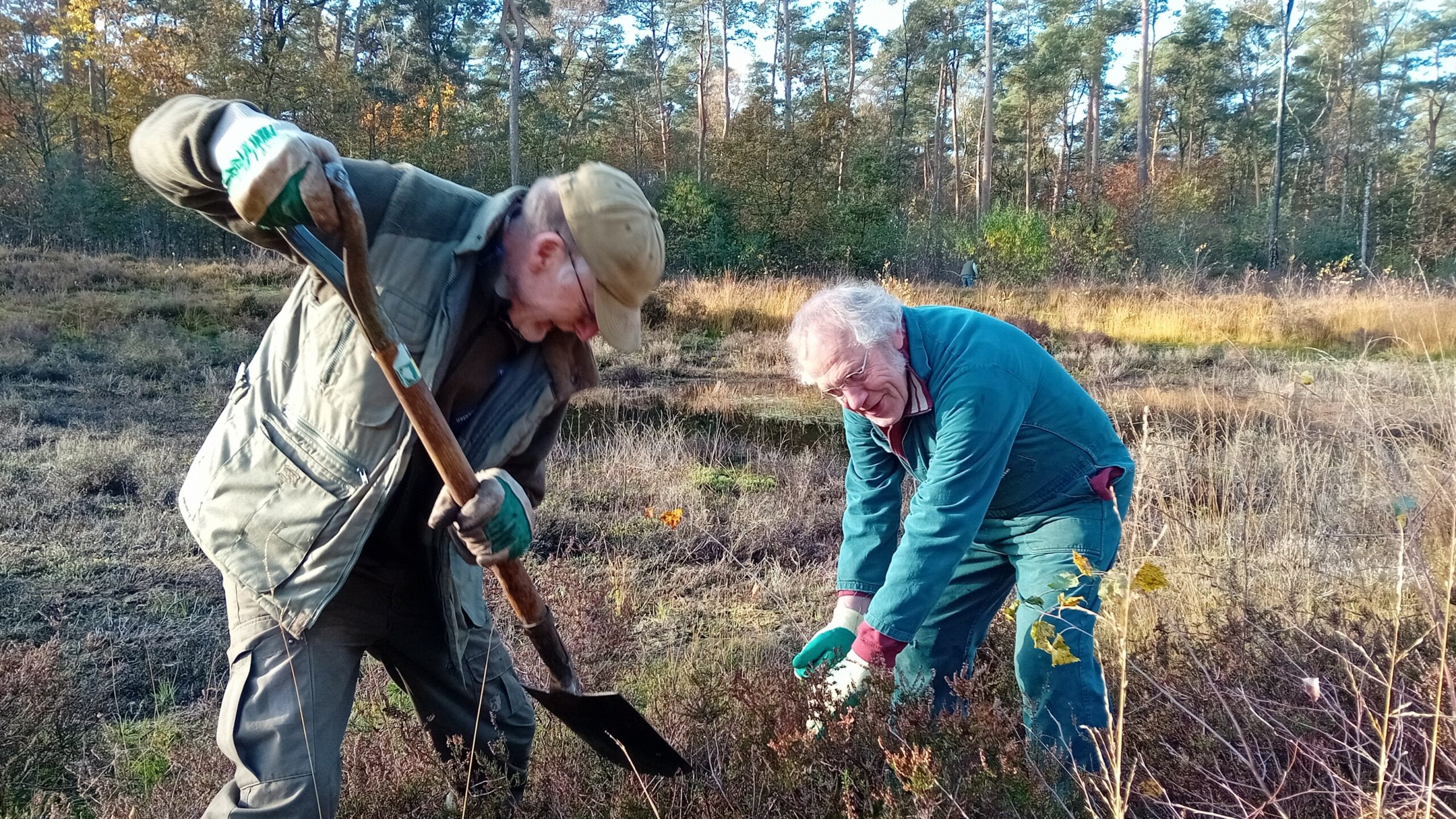 Twee mannen werken buiten met schop en handschoenen in een bosrijk gebied.