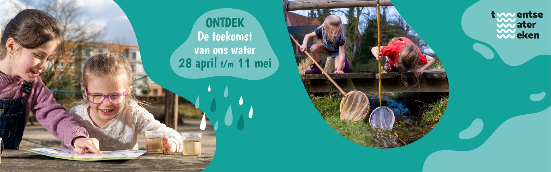 Kinderen onderzoeken water. Tekst: "Ontdek de toekomst van ons water, 28 april t/m 11 mei."