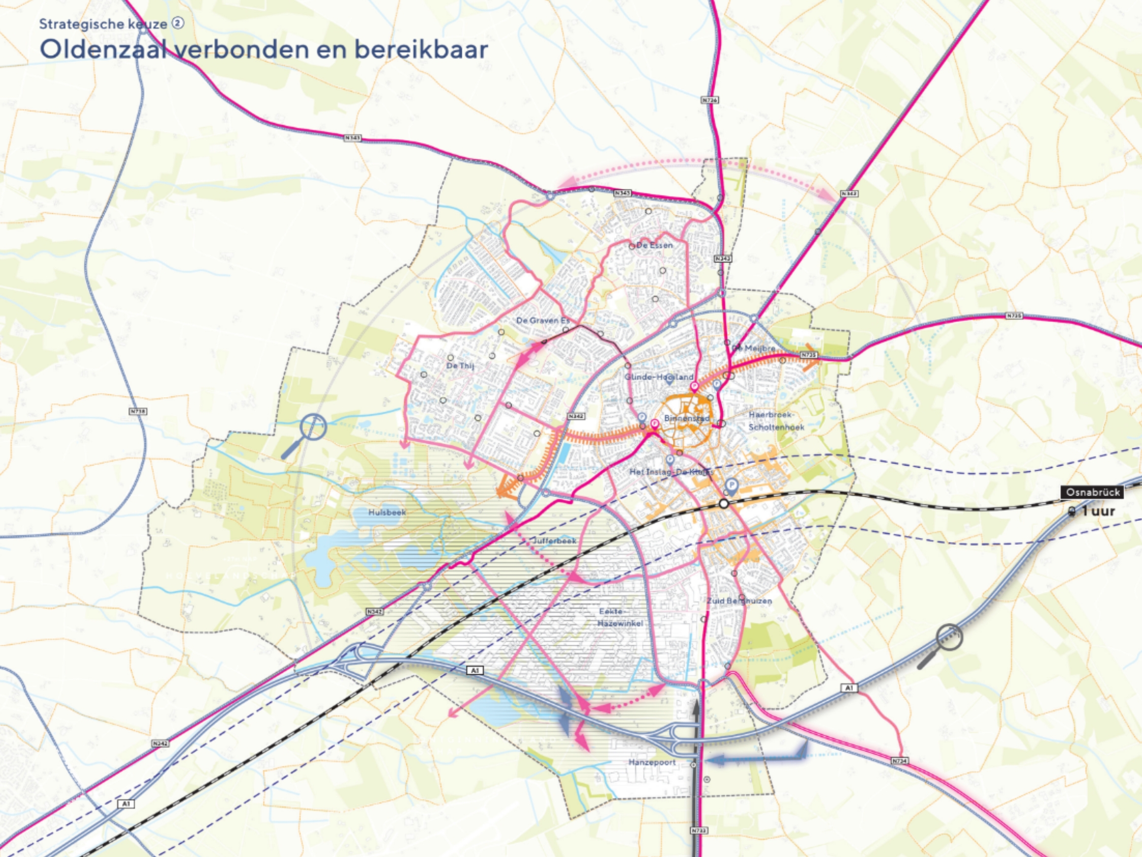 Kaart van Oldenzaal met strategische wegen en verbindingen naar omliggende gebieden.