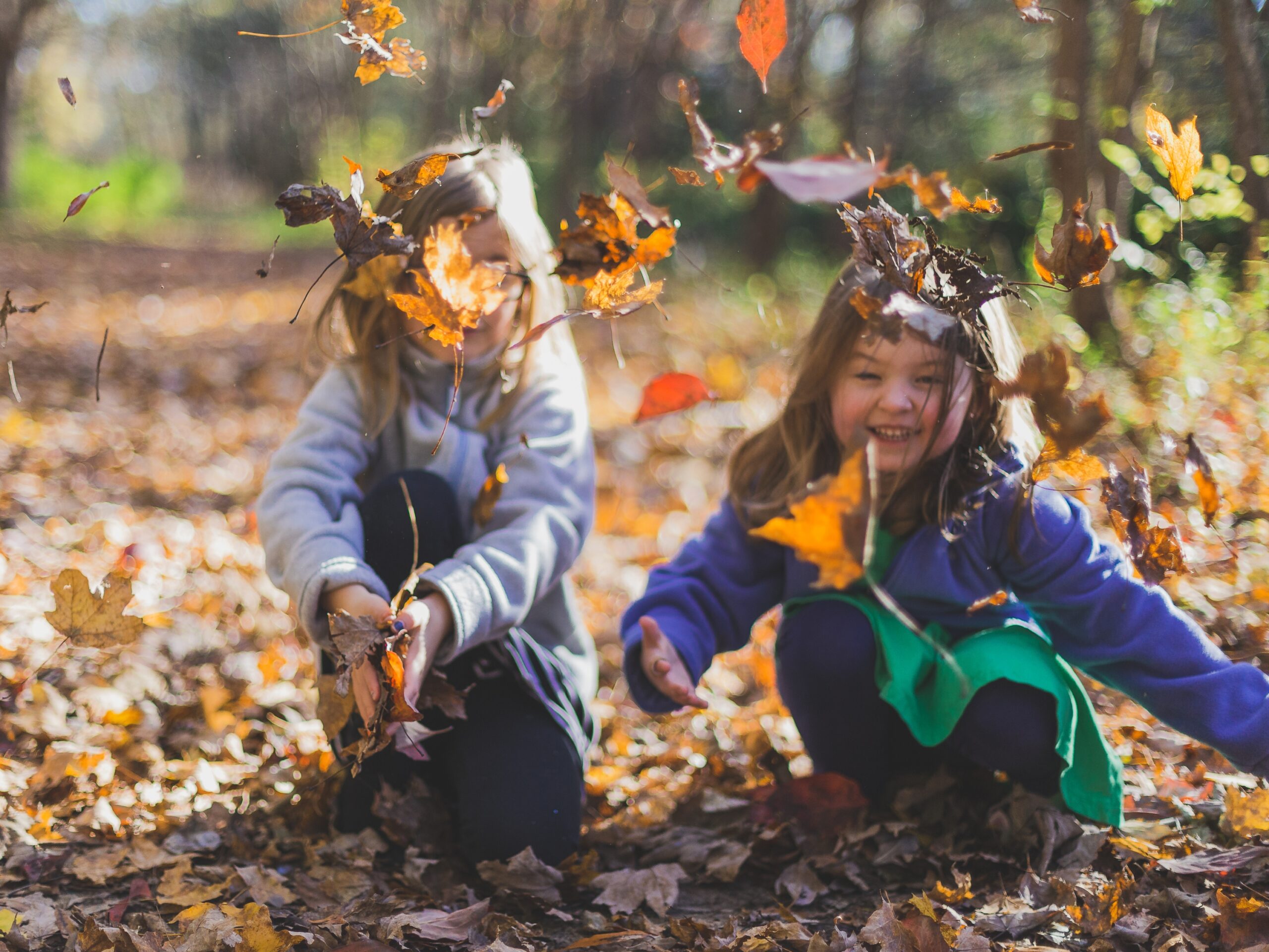 Twee kinderen spelen lachend in herfstbladeren in een bossetting.