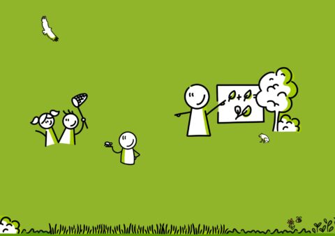 Tekening van figuren op grasveld; een geeft les over bladeren naast een boom, anderen vangen insecten.