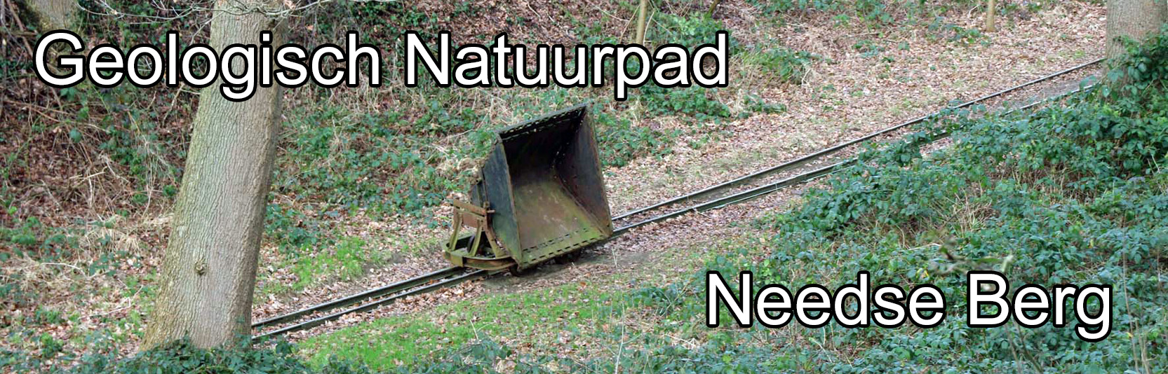 Oude mijnkar op een smalspoor in een bosrijk gebied met tekst: "Geologisch Natuurpad Needse Berg".