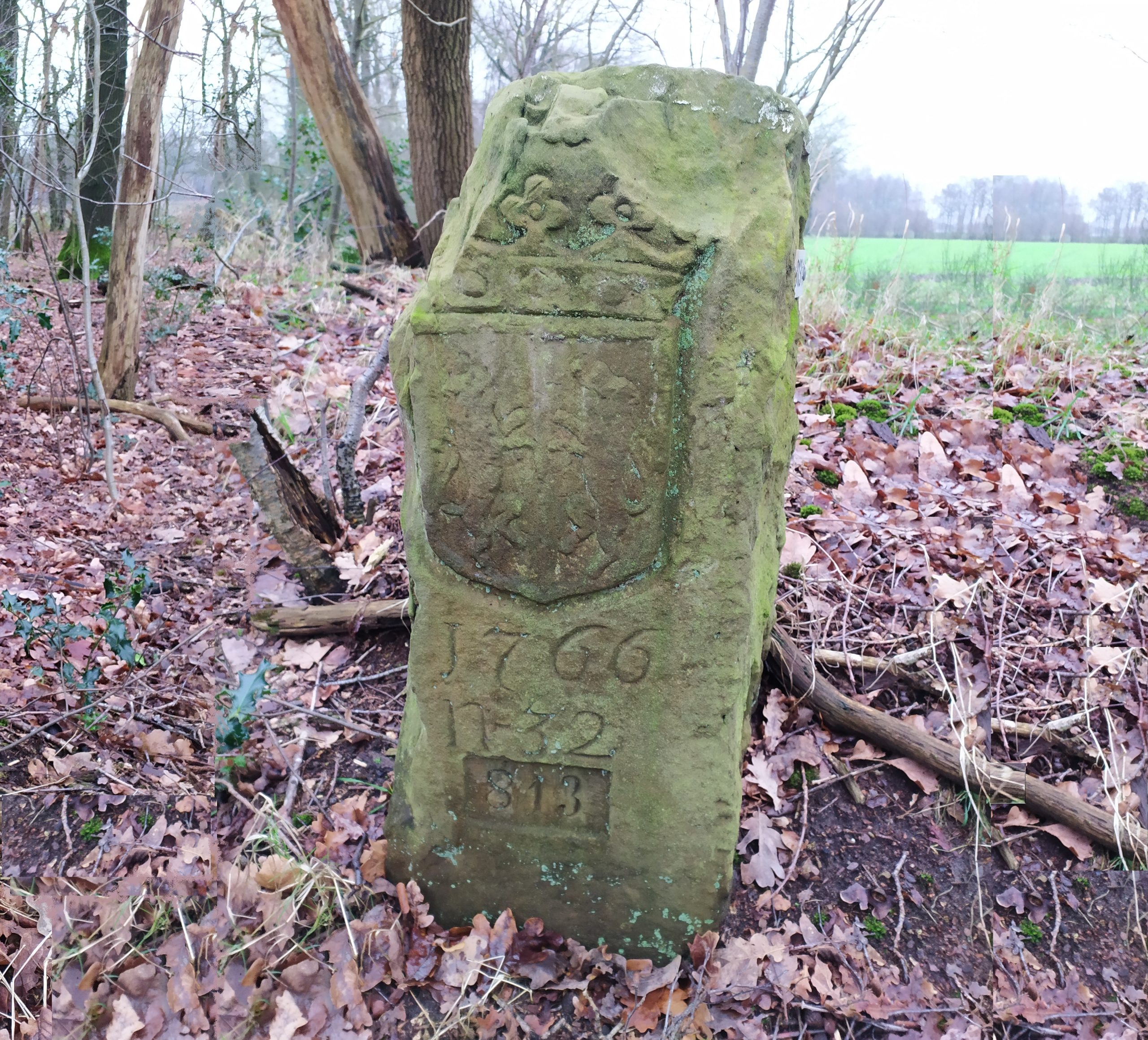 Oude grenssteen in bos met wapenschild en de jaartallen 1766, 1732 en 1813.