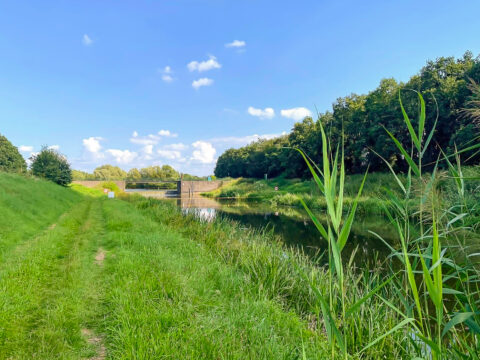 Groen landschap met gras, kanaal en een brug onder blauwe lucht met wolken.