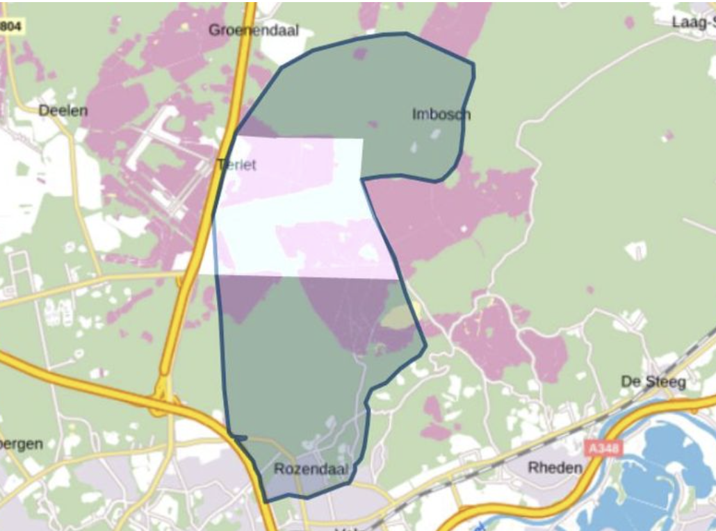 Kaart met omcirkeld gebied tussen Imbosch, Terlet en Rozendaal, wegen in geel, bossen in groen.