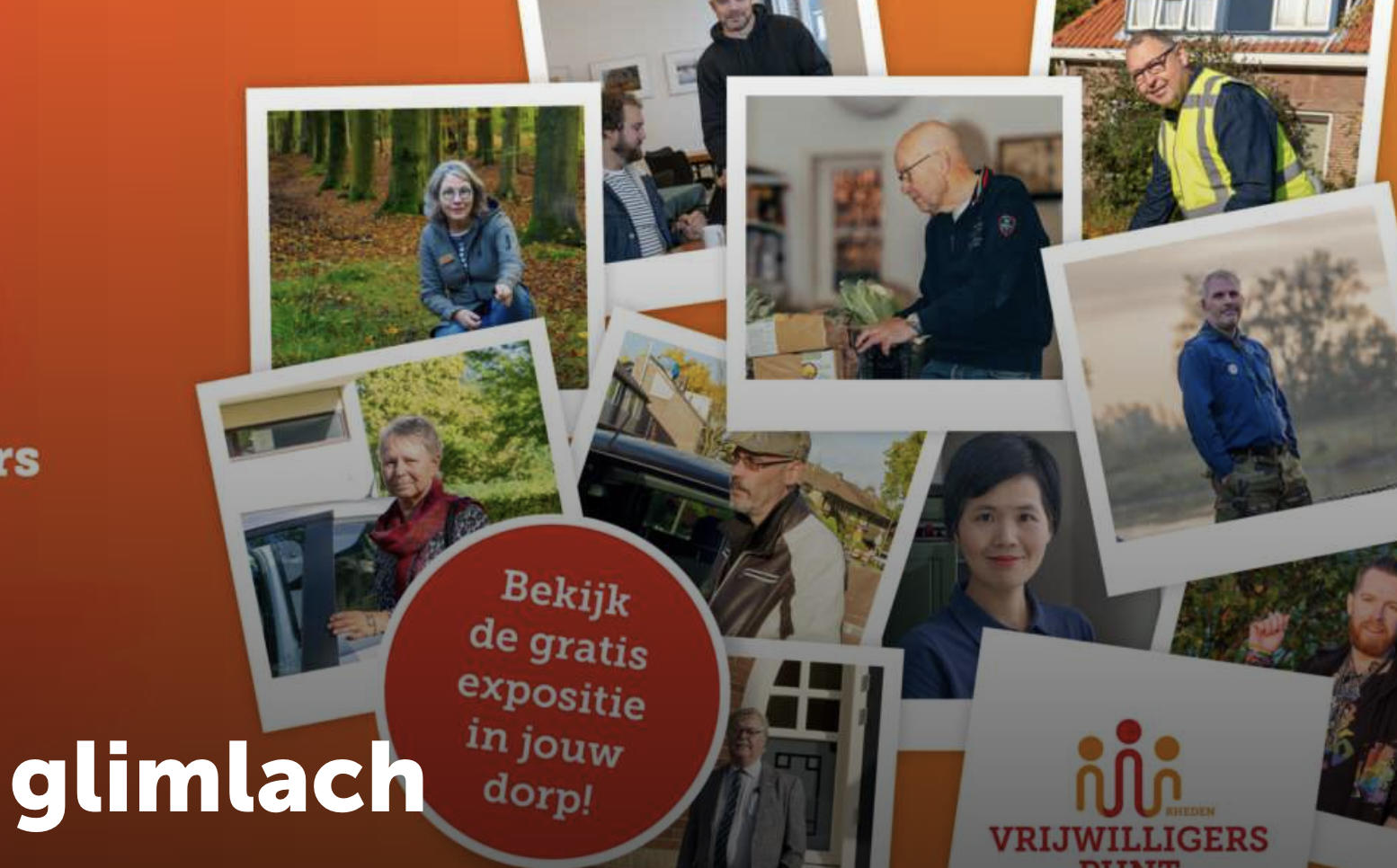 Collage van vrijwilligersfoto's met tekst: "Bekijk de gratis expositie in jouw dorp!" op oranje achtergrond.