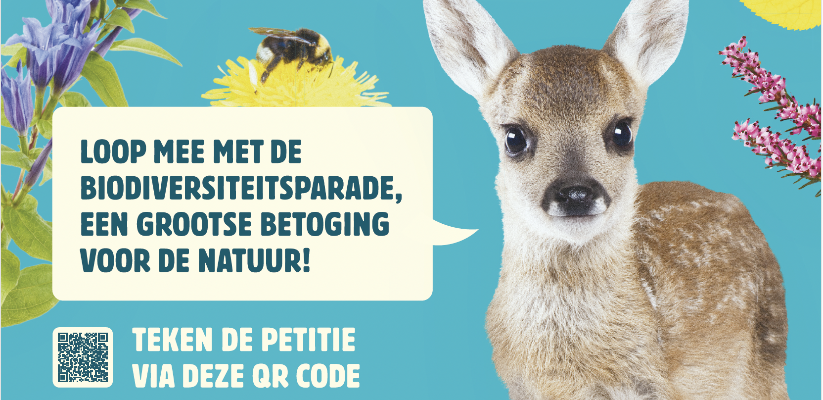 Jonge hert, bij en bloemen met tekst over biodiversiteitsparade en QR-code voor petitie.