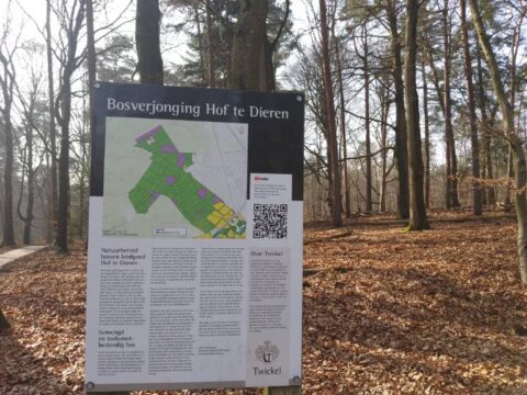 Informatiebord over bosverjonging bij Hof te Dieren in een herfstbos met zonlicht en afgevallen bladeren.