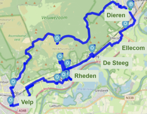 Kaart van een fietspad door Veluwezoom, langs Velp, Rheden, De Steeg, Ellecom en Dieren.