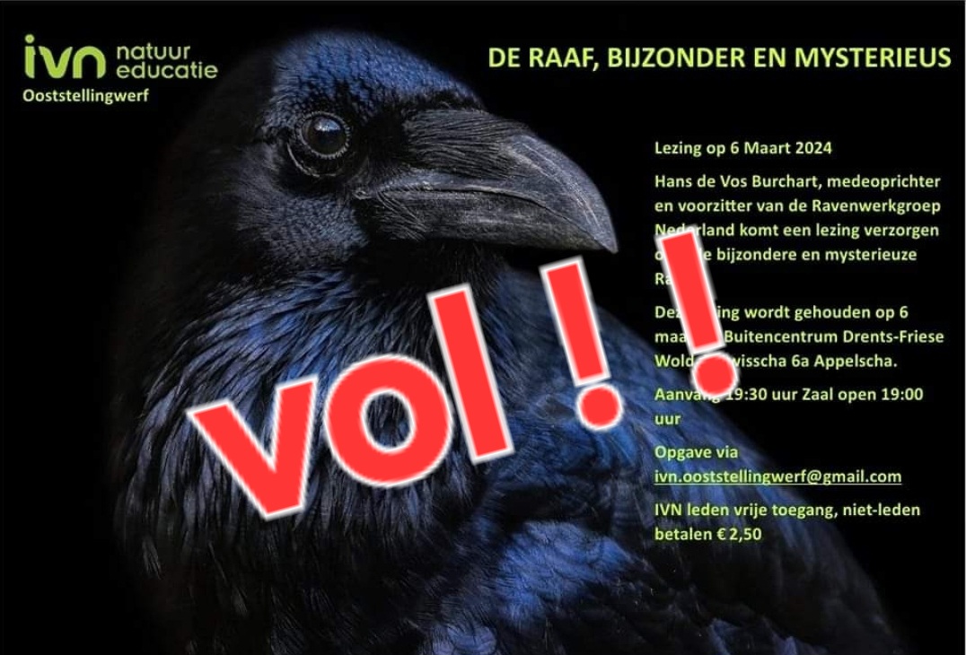 Afbeelding van een raaf, tekst over een lezing, met groot rood "VOL!" erop.