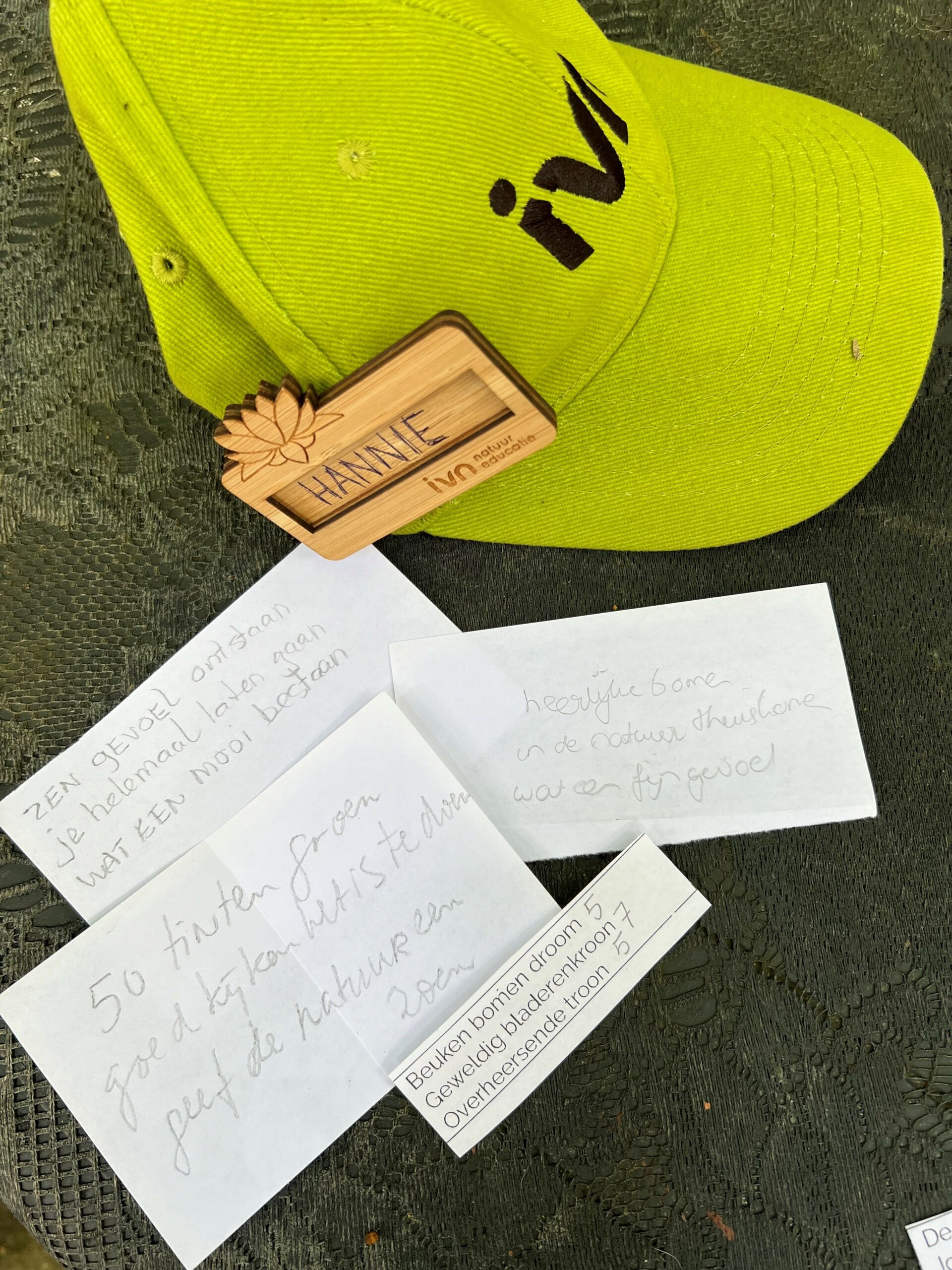 Gele pet met houten naamplaatje "Hannie" en handgeschreven notities op stukjes papier.