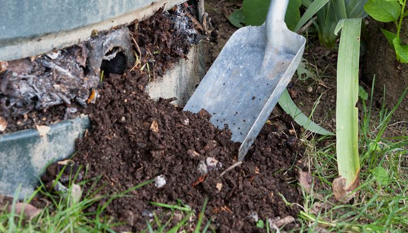 Een schop graaft compost uit een compostvat in een tuin.