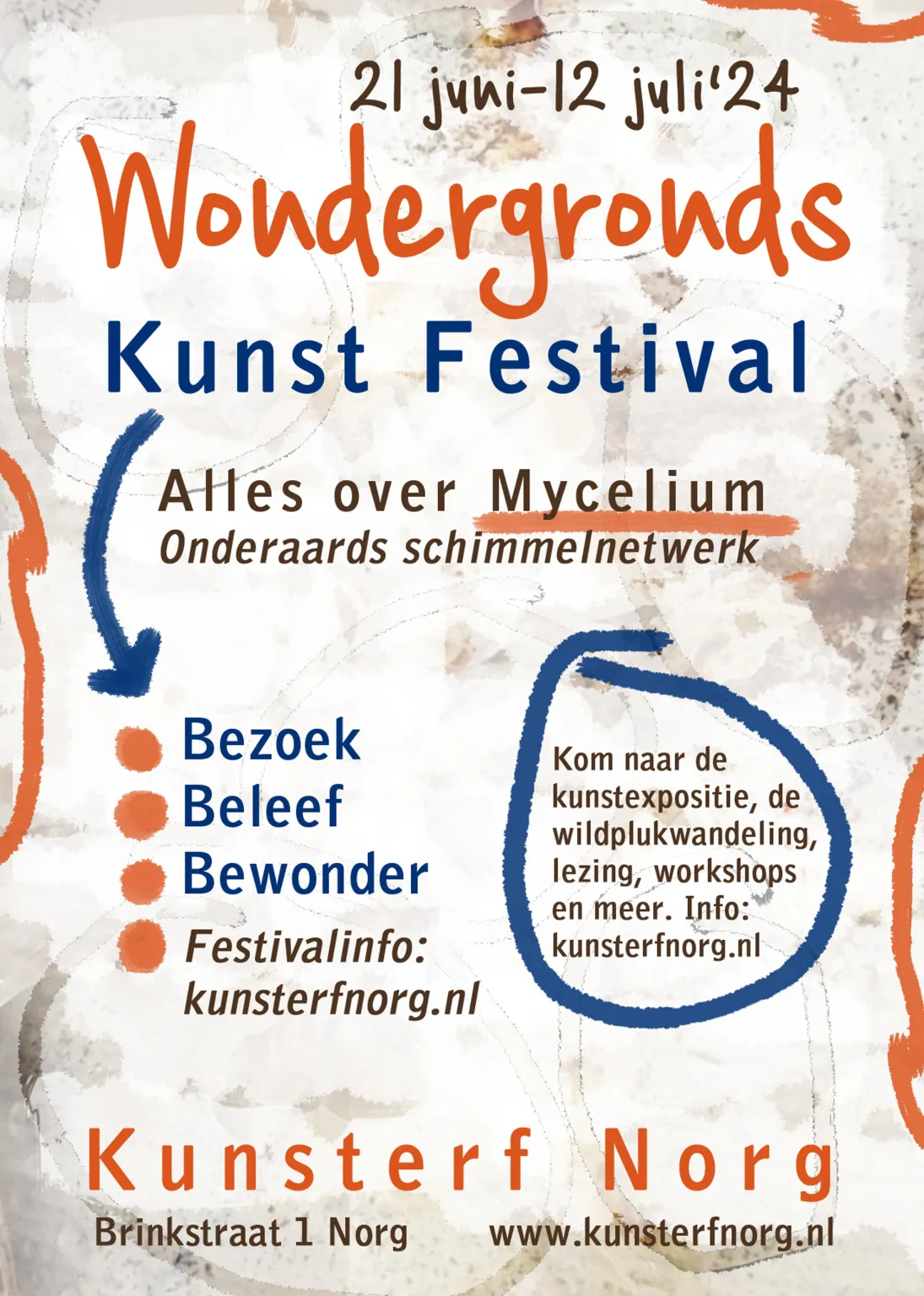 Poster voor "Wondergronds Kunst Festival" over mycelium, 21 juni-12 juli '24, bij Kunsterf Norg.