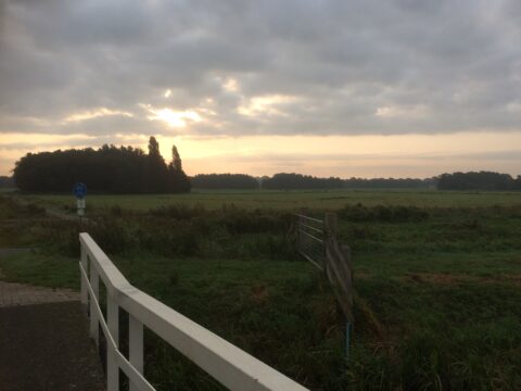 Weids landschap met bewolkte lucht, zonsopgang, en een fietspad naast een wit hek en groene weilanden.
