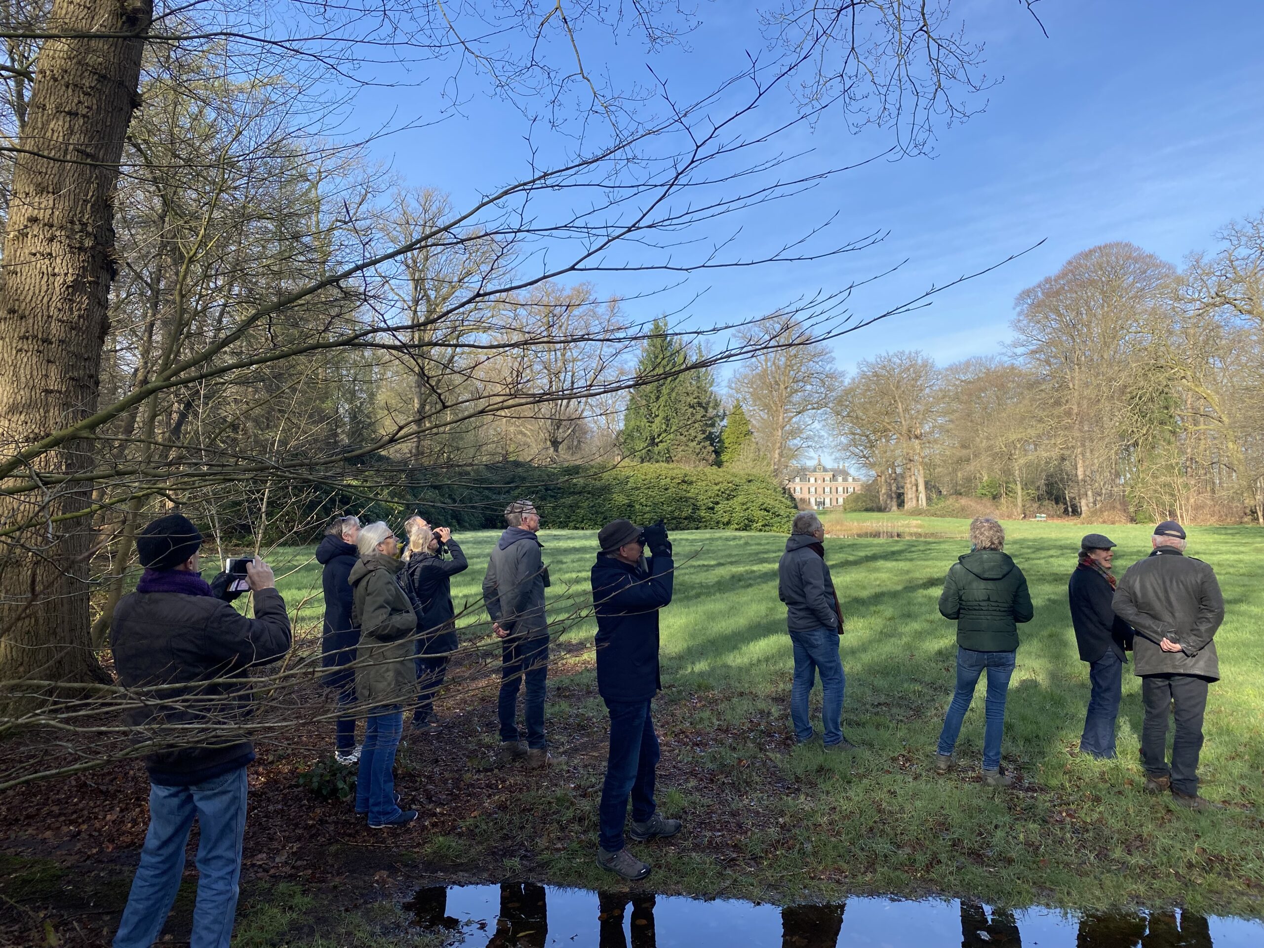 Mensen observeren en fotograferen natuur in een park met gras en bomen onder blauwe lucht.