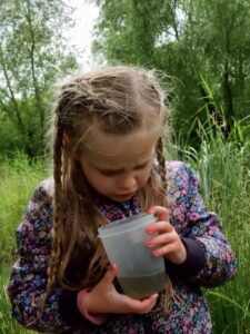 Meisje kijkt naar water in beker in grasrijke, bosrijke omgeving.