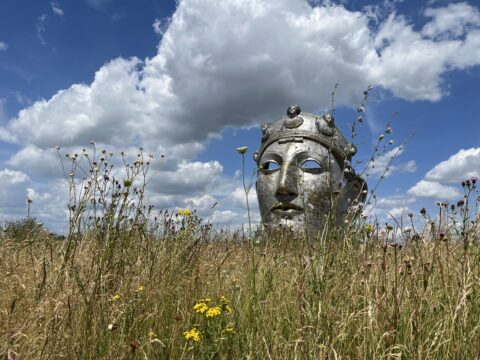 Groot metalen masker in bloemrijk veld onder bewolkte blauwe lucht.